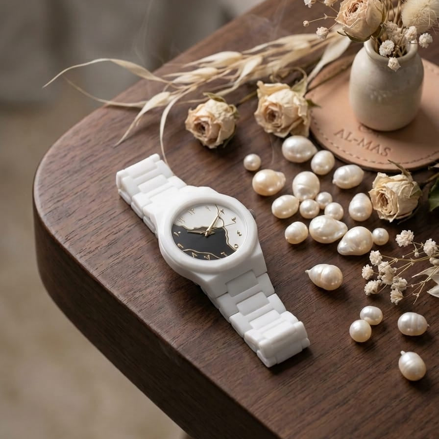 Aura Arabic Map Watch White Ceramic Watch with Gold Arabic Numerals