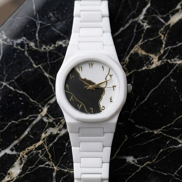 Aura Arabic Map Watch White Ceramic Watch with Gold Arabic Numerals
