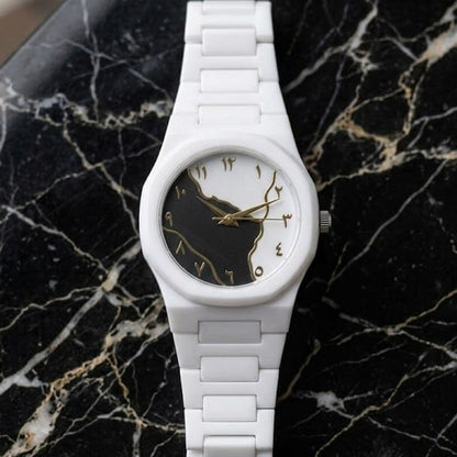Aura Arabic Map Watch White Ceramic Watch with Gold Arabic Numerals