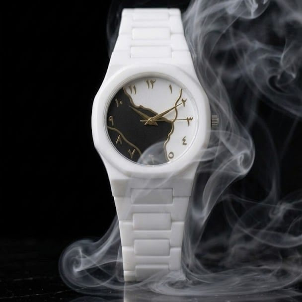 Aura Arabic Map Watch White Ceramic Watch with Gold Arabic Numerals