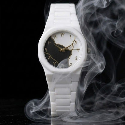 Aura Arabic Map Watch White Ceramic Watch with Gold Arabic Numerals