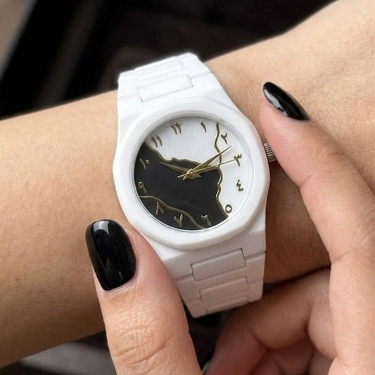 Aura Arabic Map Watch White Ceramic Watch with Gold Arabic Numerals