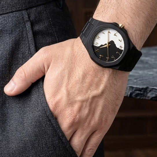 Arabic Black Aura Watch – Black Steel with Rose Gold Arabic Numerals