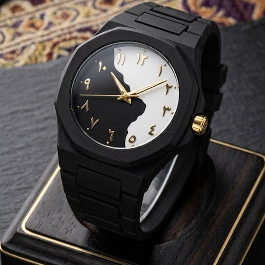 Arabic Black Aura Watch – Black Steel with Rose Gold Arabic Numerals