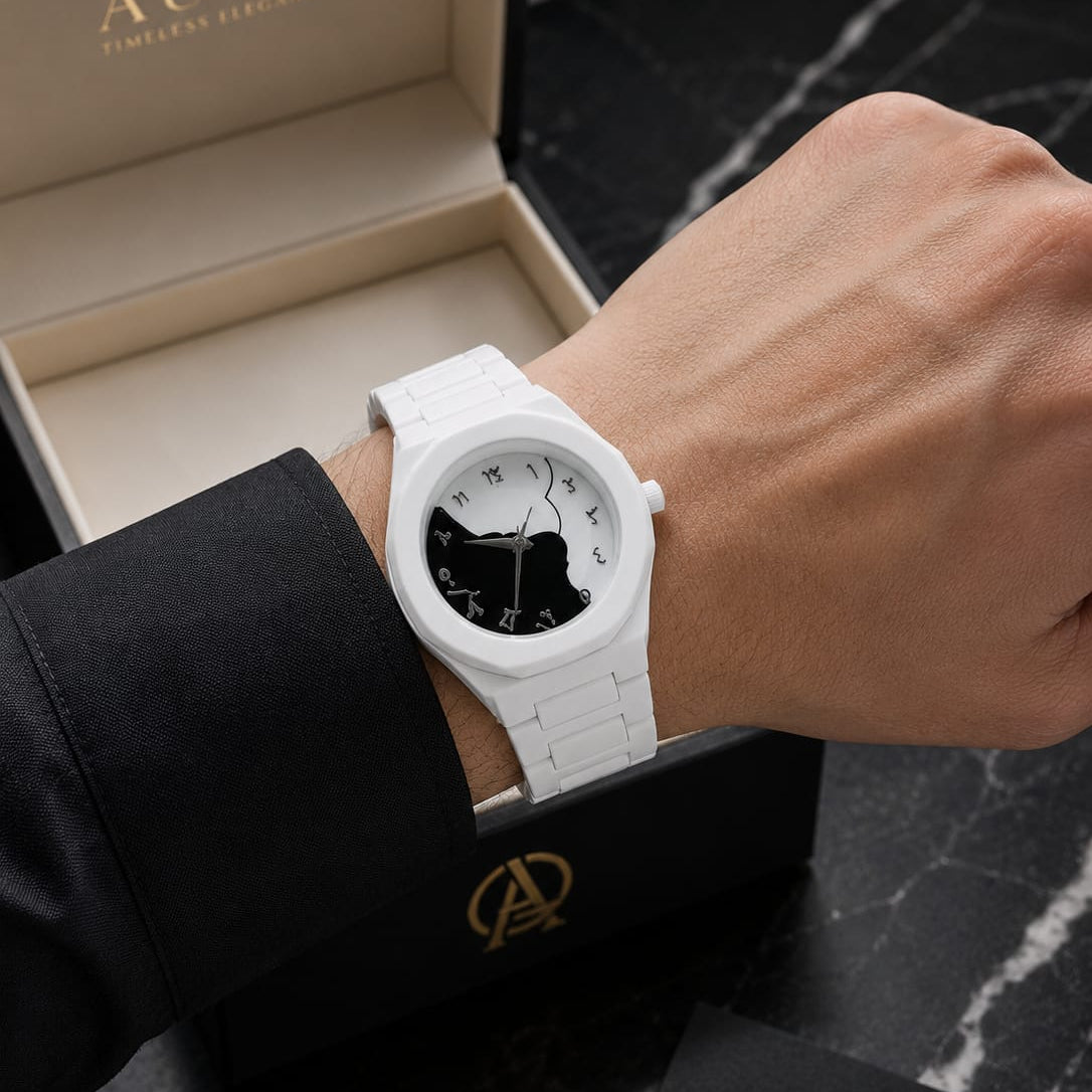 Arabic White Split Watch – White Ceramic Watch with Silver Arabic Numerals