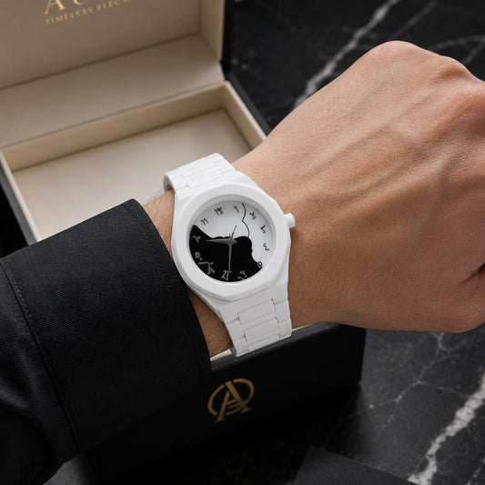 Arabic White Split Watch – White Ceramic Watch with Silver Arabic Numerals