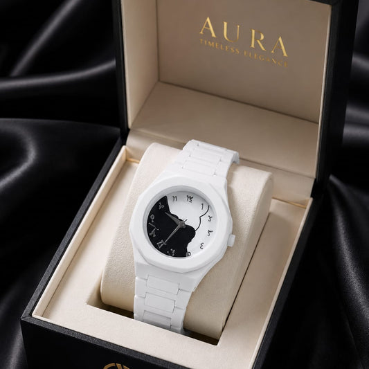 Arabic White Split Watch – White Ceramic Watch with Silver Arabic Numerals