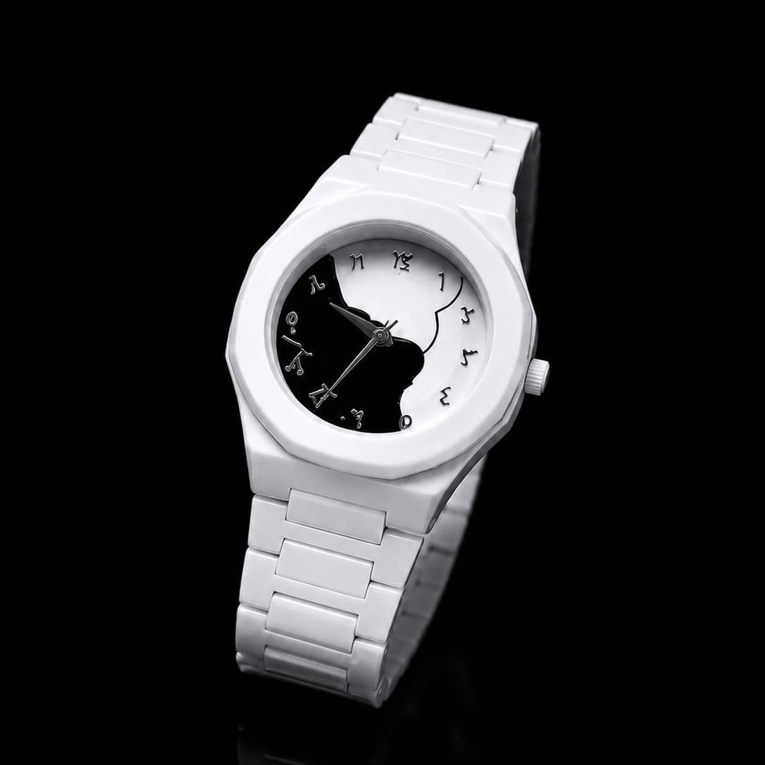 Arabic White Split Watch – White Ceramic Watch with Silver Arabic Numerals