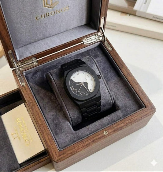 Black Aura Watch – Black Steel with Black & White Arabic Numeral Dial