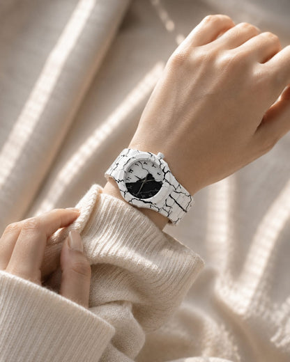 Arabic White Marble Luxury Watch – White Ceramic Crackle Watch with Arabic Numerals