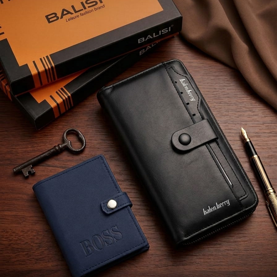 BalenBerry Long Wallet & BOSS Card Holder Combo Premium PU Leather Zip-Around Wallet with Free Mini Wallet With Balisi Gift Box