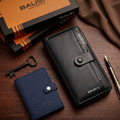 BalenBerry Long Wallet & BOSS Card Holder Combo Premium PU Leather Zip-Around Wallet with Free Mini Wallet With Balisi Gift Box