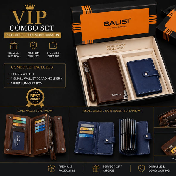 Baellerry VIP Combo Set – Men's PU Leather Long Wallet & Card Holder with Smalll wallet Free With Balisi Box