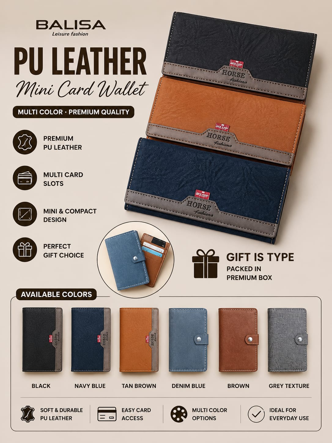 Horse Genuine PU Leather Long Wallet & BOSS Mini Wallet Combo Set With Balisi Gift Box
