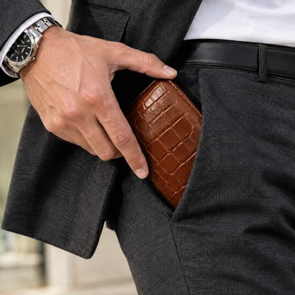 Crocodile Textured Genuine Leather Bifold Wallet for Men – Slim, Durable & Gift Boxed - Fashion Bridge