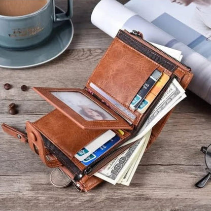 Men’s Bifold Wallet with Zipper Coin Pocket, Snap Button & Multi Card Slots - Fashion Bridge