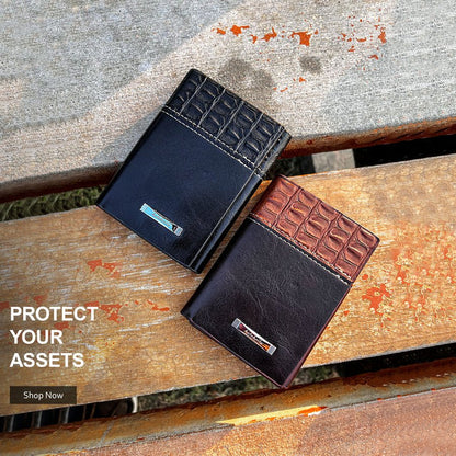 Men’s Slim Trifold Wallet with Croco Texture Panel – Compact Card & Cash Holder - Fashion Bridge