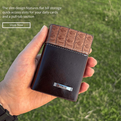 Men’s Slim Trifold Wallet with Croco Texture Panel – Compact Card & Cash Holder - Fashion Bridge