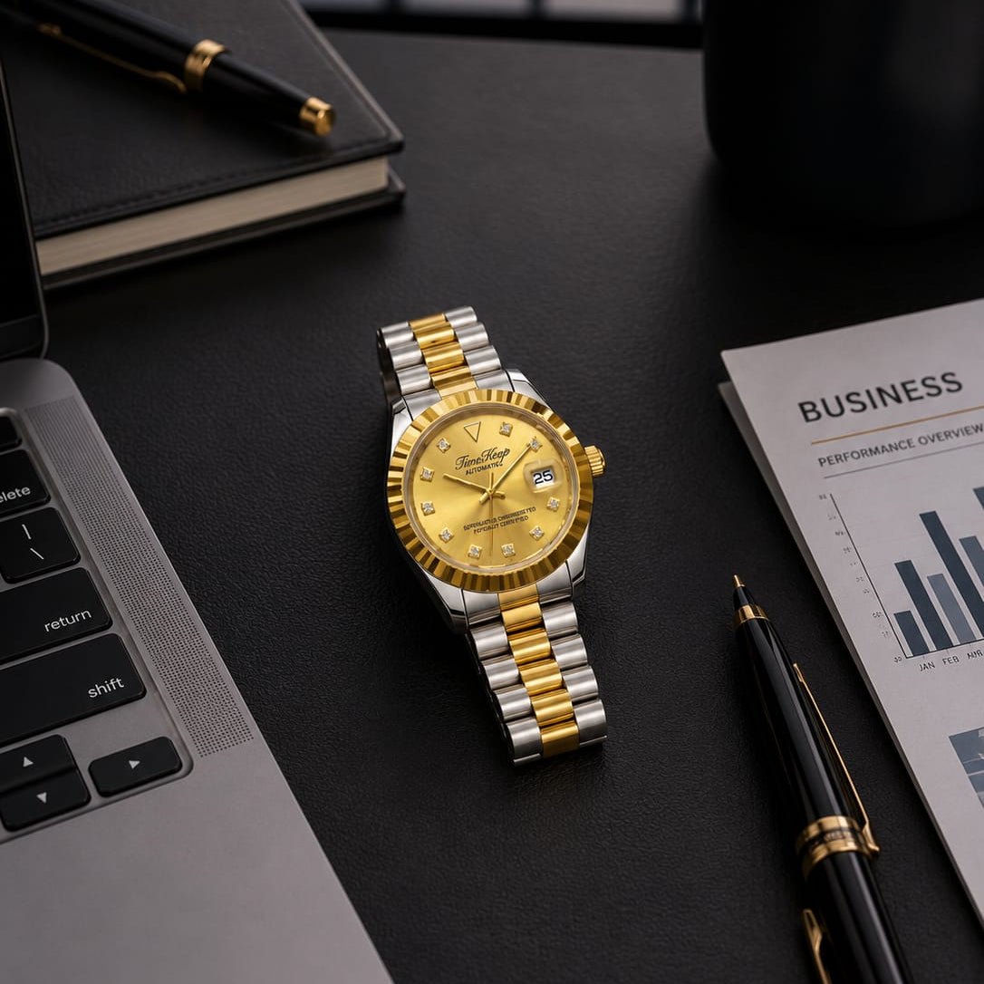 TimeKeep Two-Tone Gold Automatic Watch with Fluted Bezel - Fashion Bridge