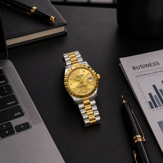 TimeKeep Two-Tone Gold Automatic Watch with Fluted Bezel - Fashion Bridge