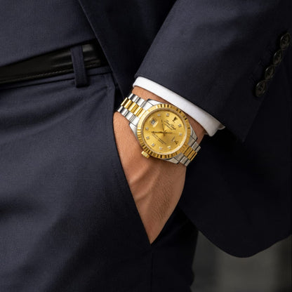 TimeKeep Two-Tone Gold Automatic Watch with Fluted Bezel - Fashion Bridge